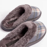 Jo & Joe SHETLAND Womens Slippers Slate Grey top view highlighting cozy texture and plaid design.