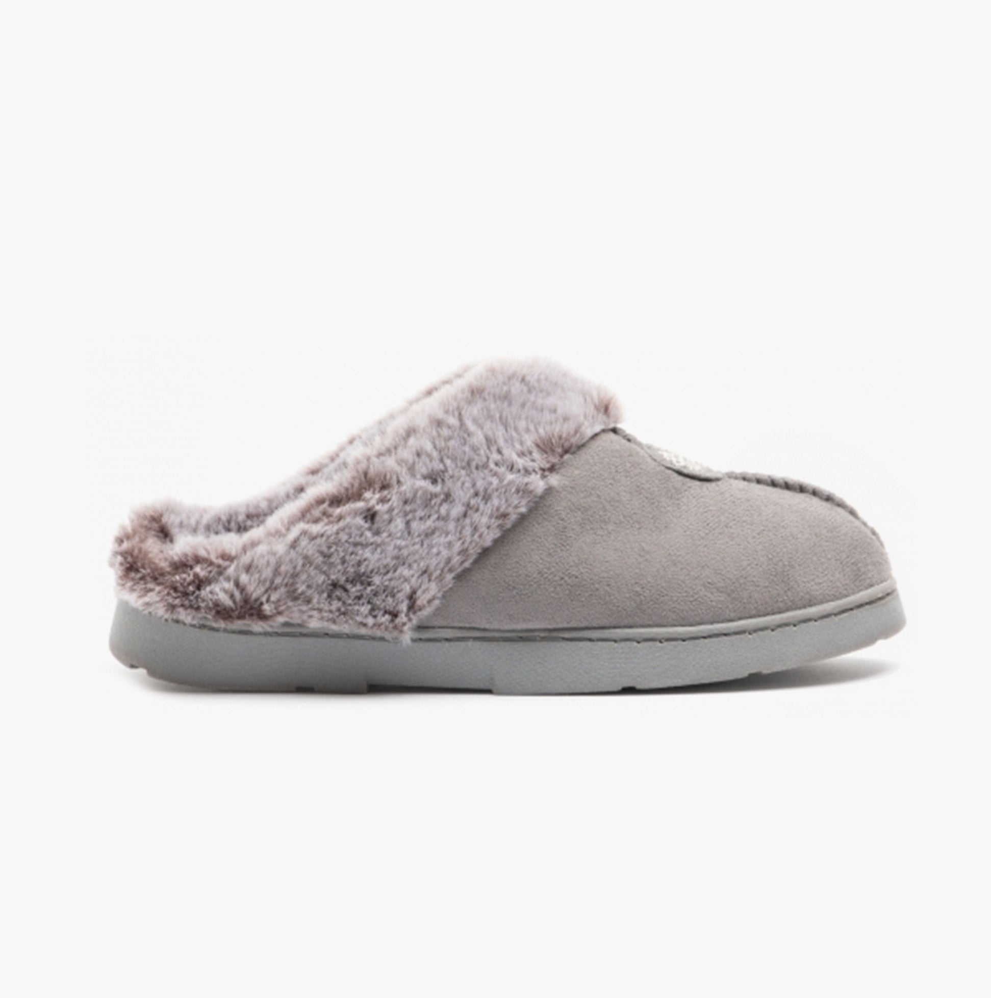 Jo & Joe SPLENDOUR Womens Mule Slippers Grey side view showing soft synthetic upper and warm lining.