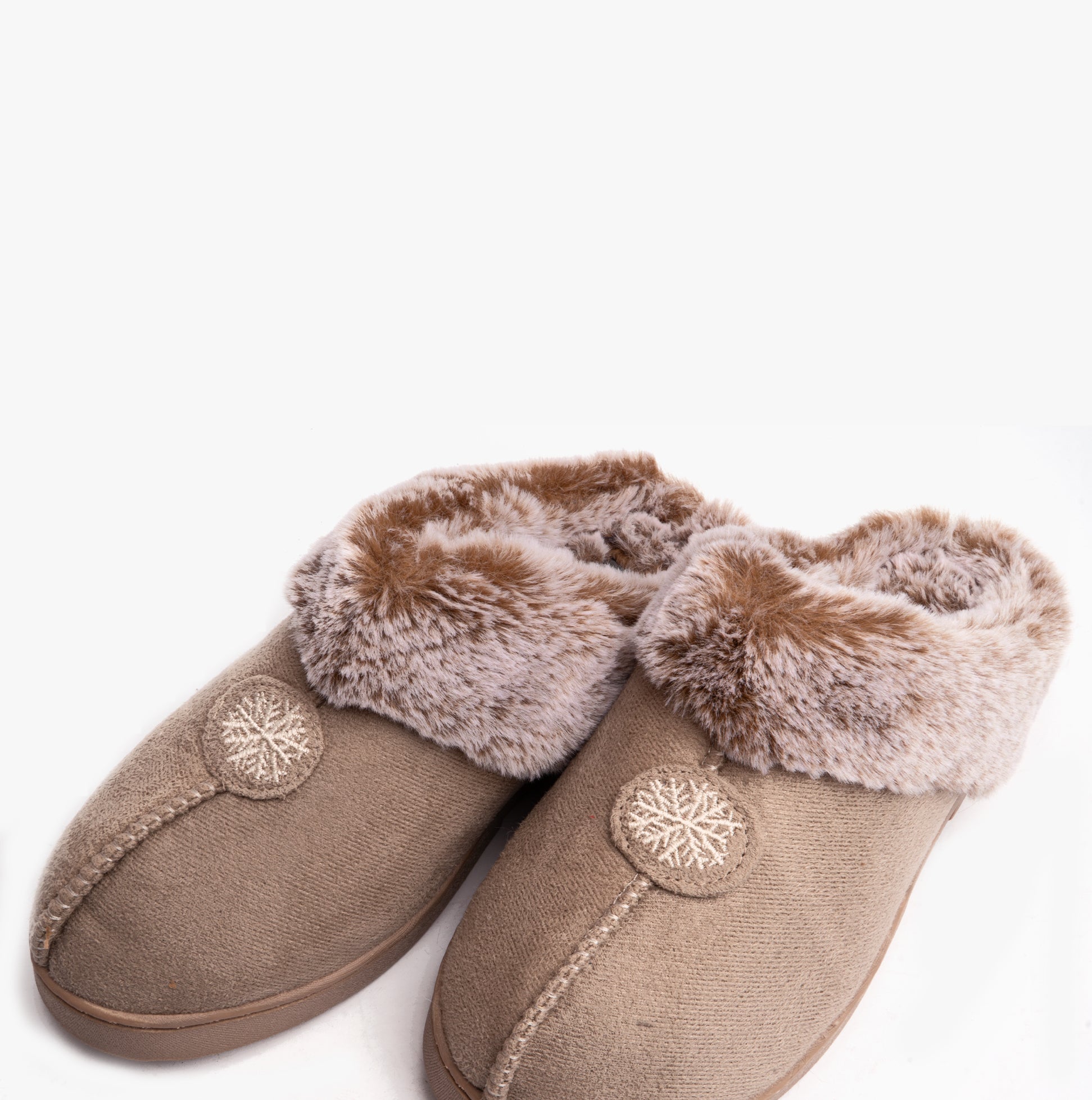 Jo & Joe SPLENDOUR Womens Slippers Sand, side view, faux suede mules with faux fur lining and decorative detail.