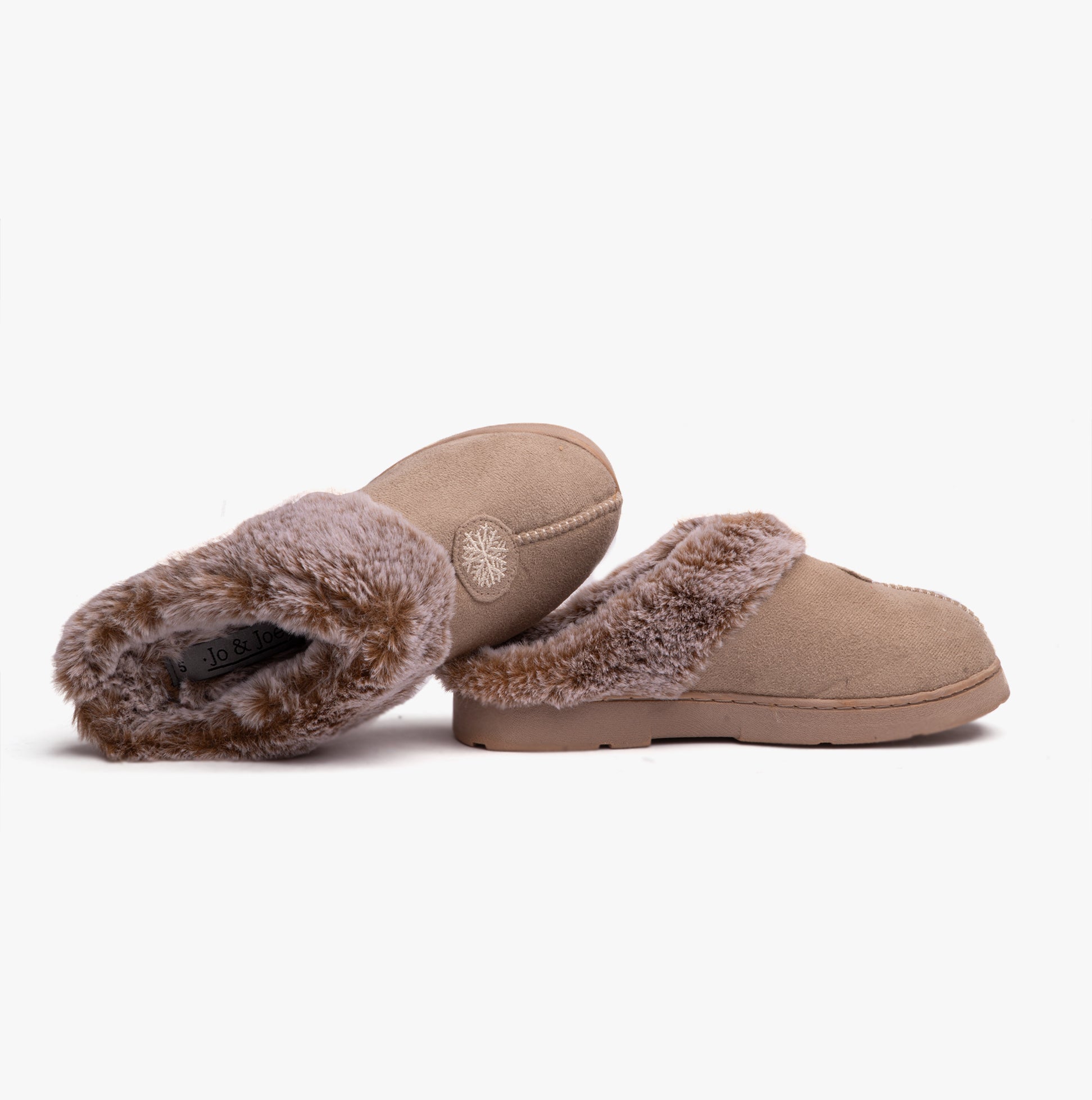 Jo & Joe SPLENDOUR Womens Slippers Sand in side view, featuring faux suede and faux fur lining for comfort.