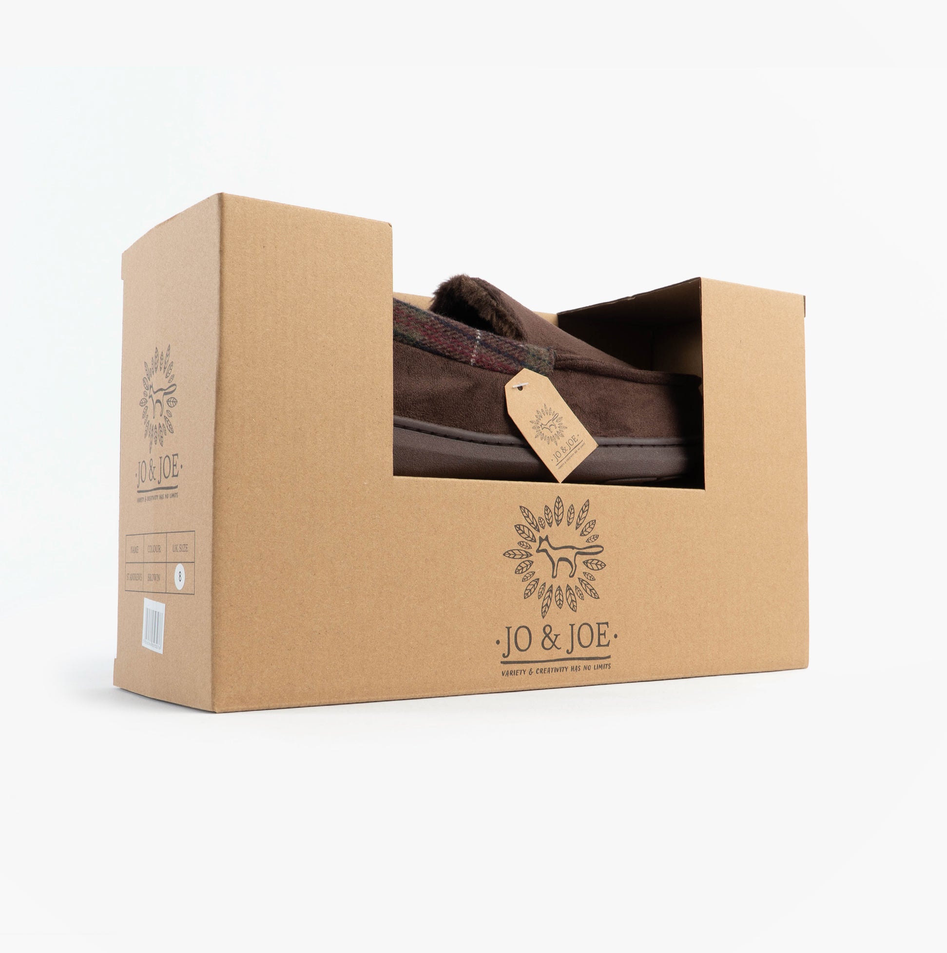 Jo & Joe ST ANDREWS Mens Moccasin Slippers Brown in gift box side view with brand logo and tag.