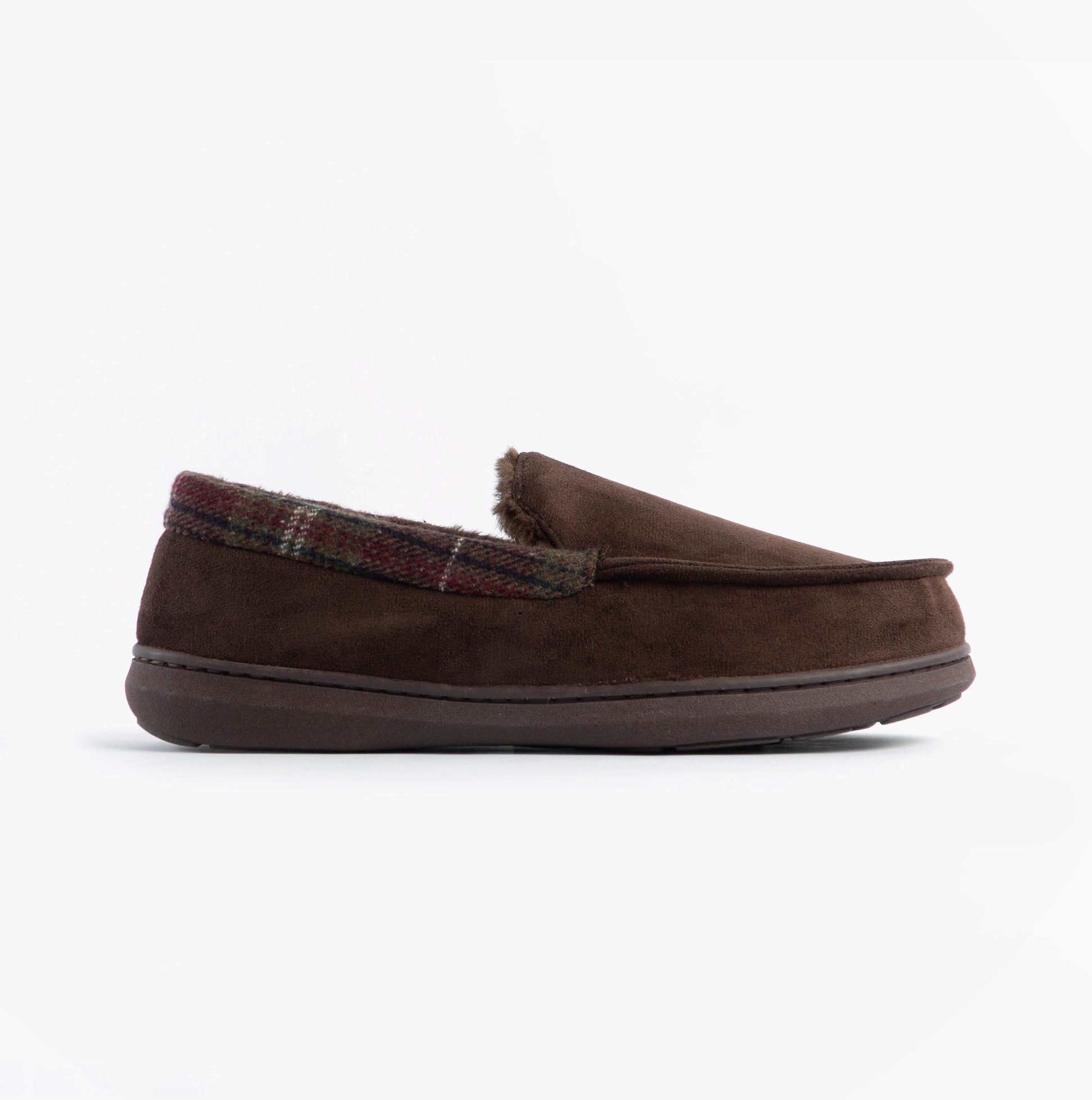 Jo & Joe ST ANDREWS Mens Moccasin Slippers Brown side view showcasing cozy textile upper and slip-on design.