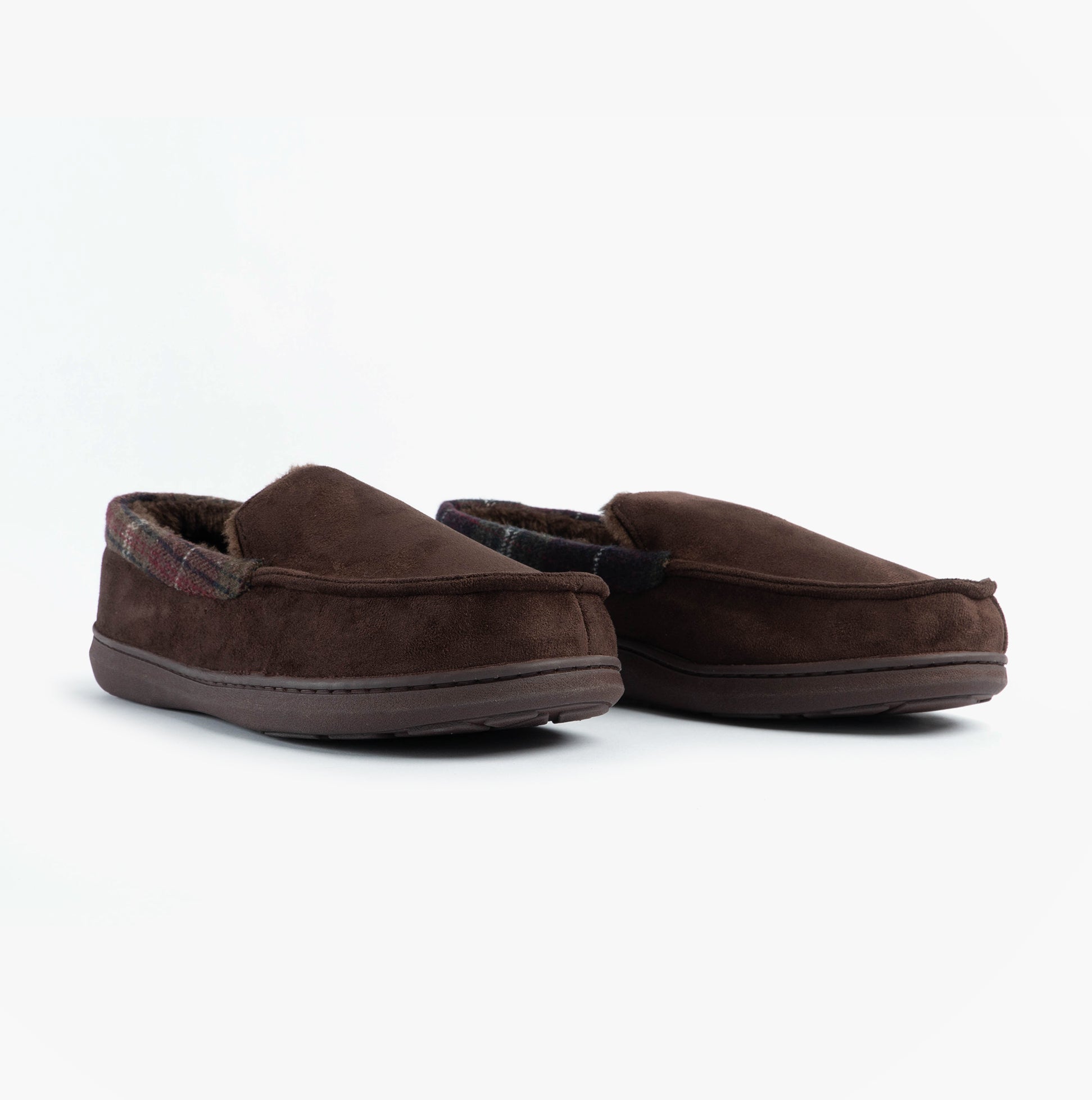 Jo & Joe ST ANDREWS Mens Moccasin Slippers Brown side view showing soft textile upper and warm lining.