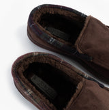 Jo & Joe ST ANDREWS Mens Moccasin Slippers Brown top view showcasing warm lining and slip-on design.