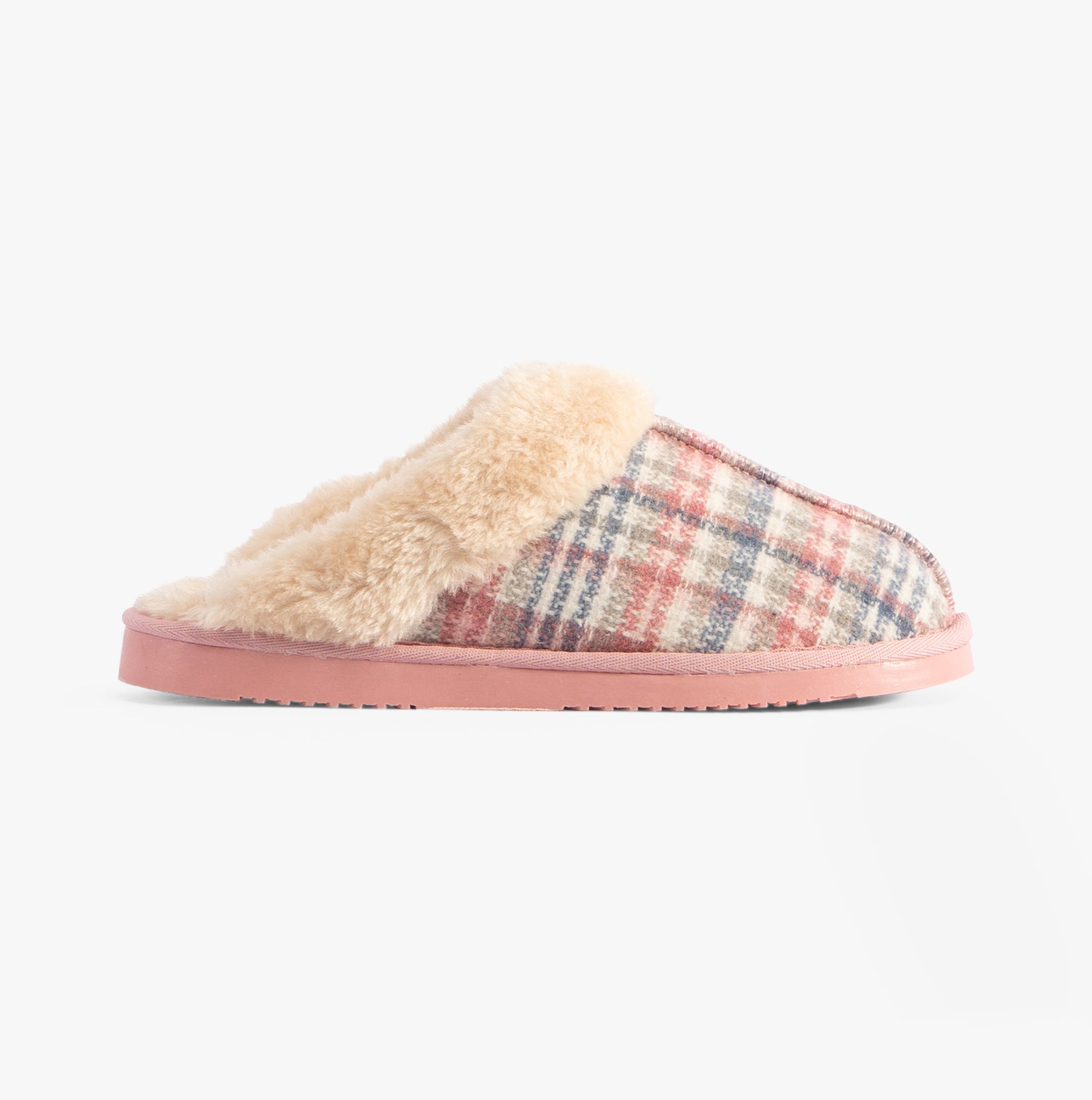 Jo & Joe THYME Womens Slippers Pink side view featuring plaid design and faux fur lining.