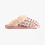 Jo & Joe THYME Womens Slippers Pink side view featuring plaid design and faux fur lining.