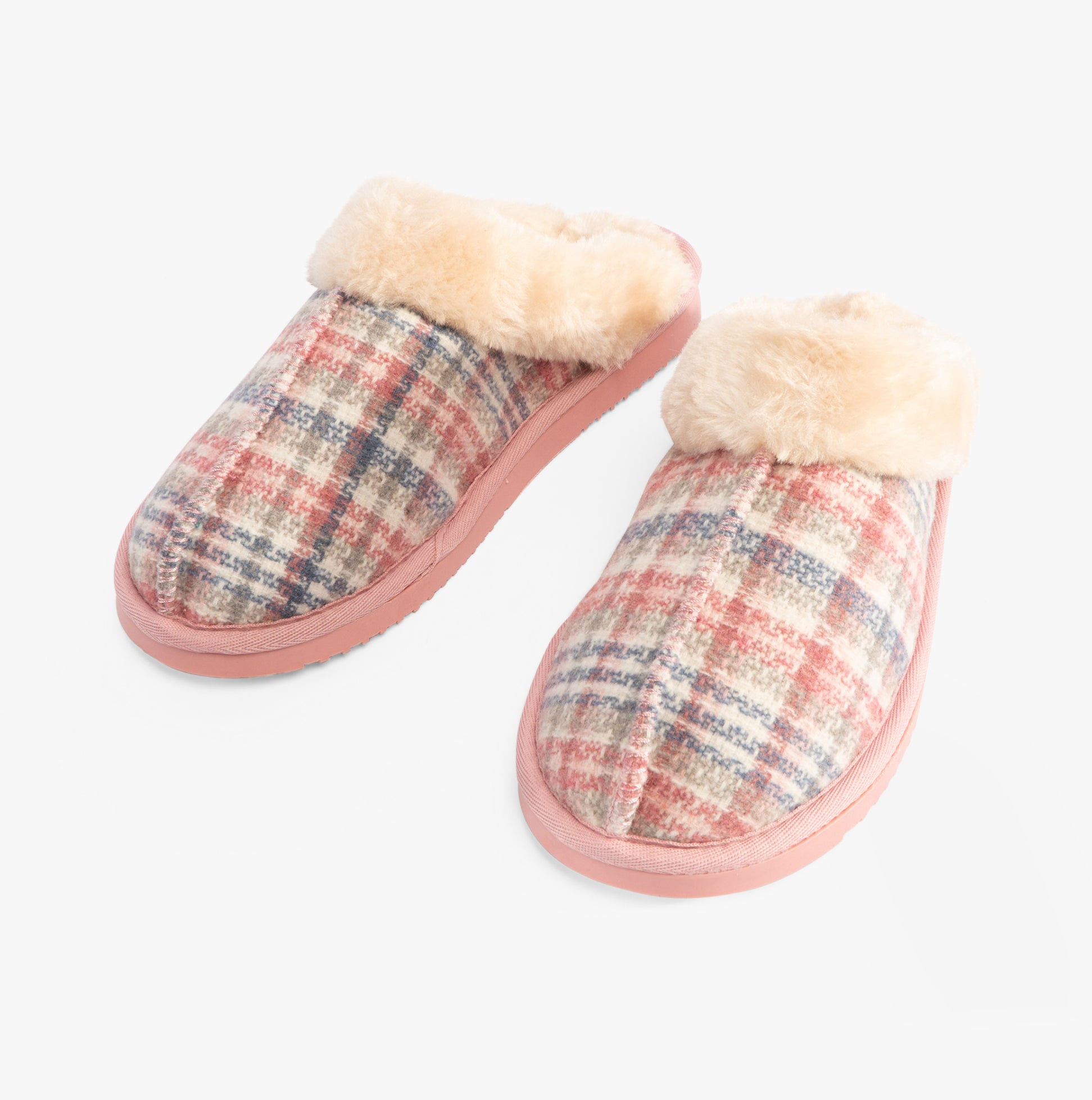 Jo & Joe THYME Womens Slippers Pink side view showing cozy faux fur lining and plaid textile upper.