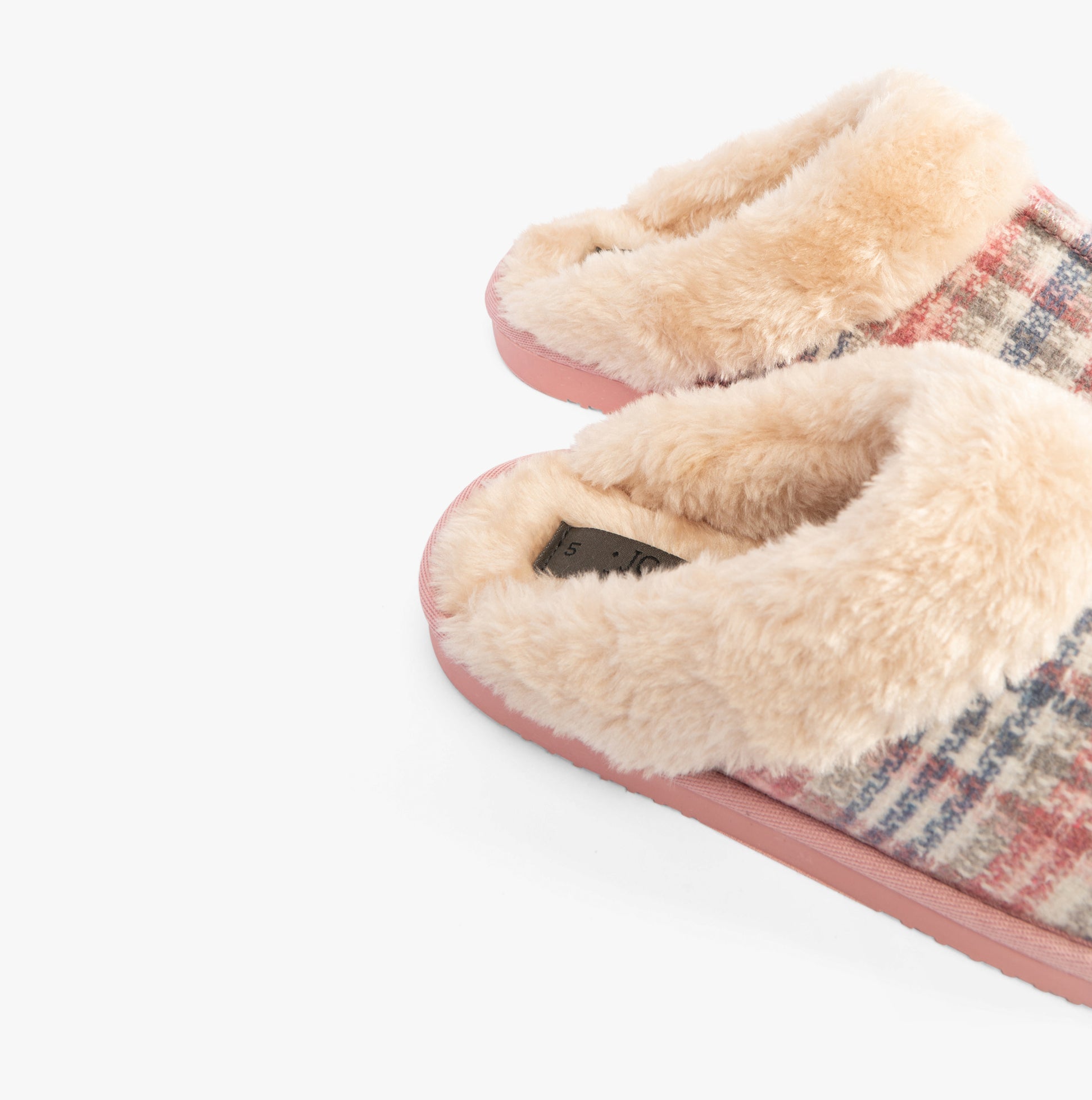 Jo & Joe THYME Womens Slippers Pink side view featuring plush faux fur lining and checked textile upper.