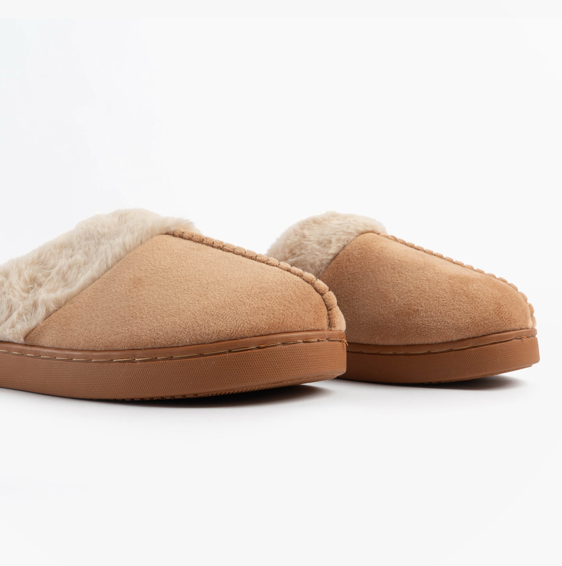 Jo & Joe ZOE Womens Mule Slippers Chestnut side view showing soft textile upper and comfortable warm lining.