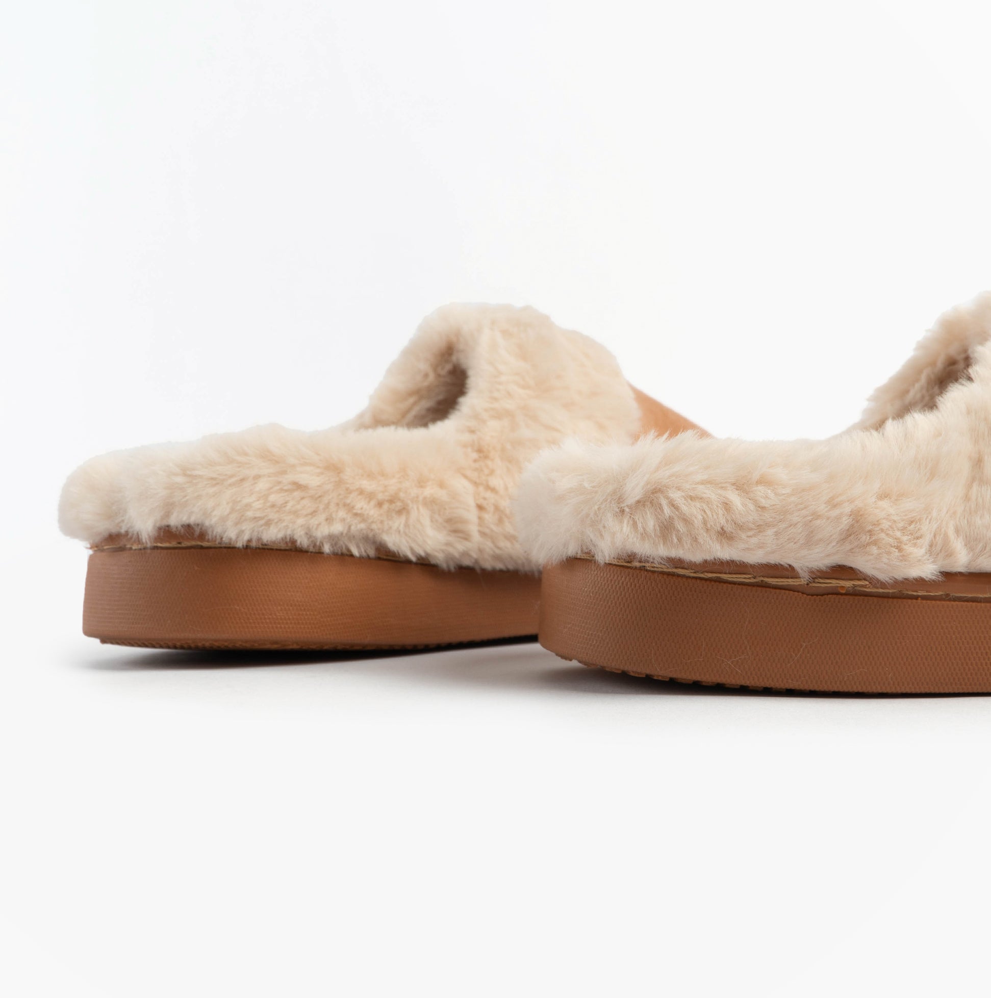 Jo & Joe ZOE Womens Mule Slippers Chestnut side view showing plush lining and rubber sole detail.