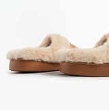 Jo & Joe ZOE Womens Mule Slippers Chestnut side view showing plush lining and rubber sole detail.