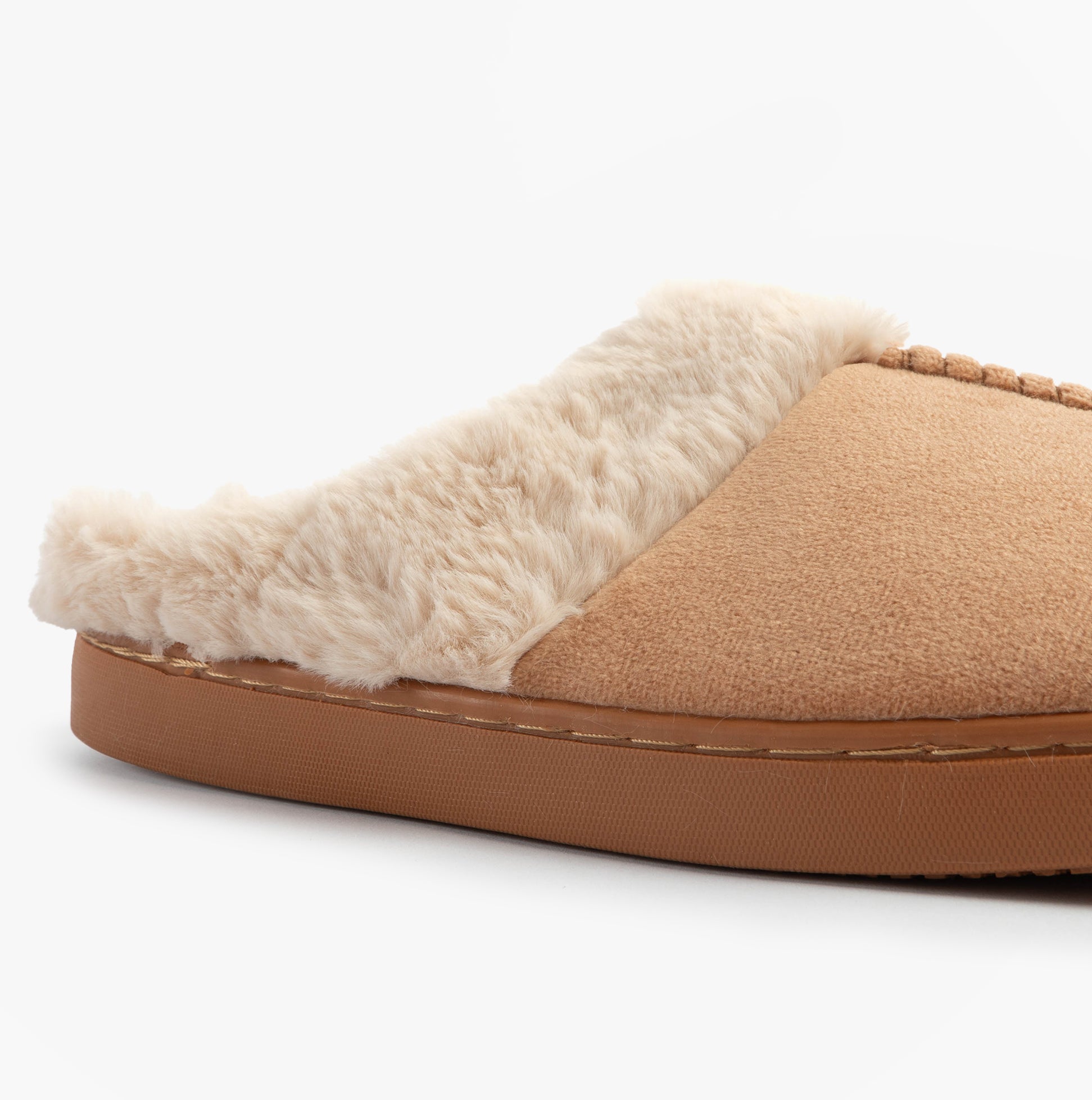 Jo & Joe ZOE Womens Mule Slippers Chestnut side view showcasing the soft faux fur lining and textile upper.