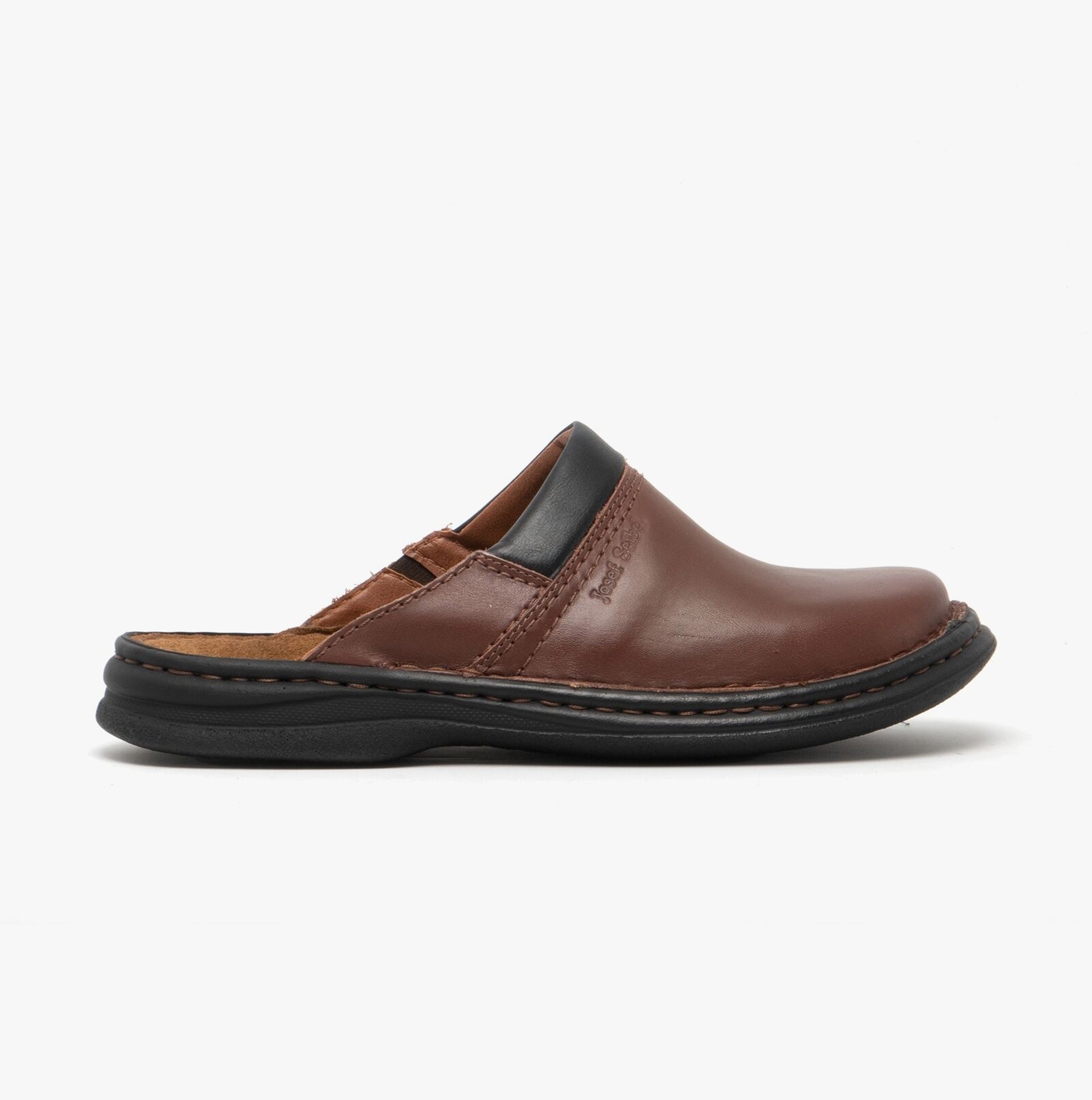 Josef Seibel MAX Mens Clogs Brandy side view showcasing leather upper and slip-on design.