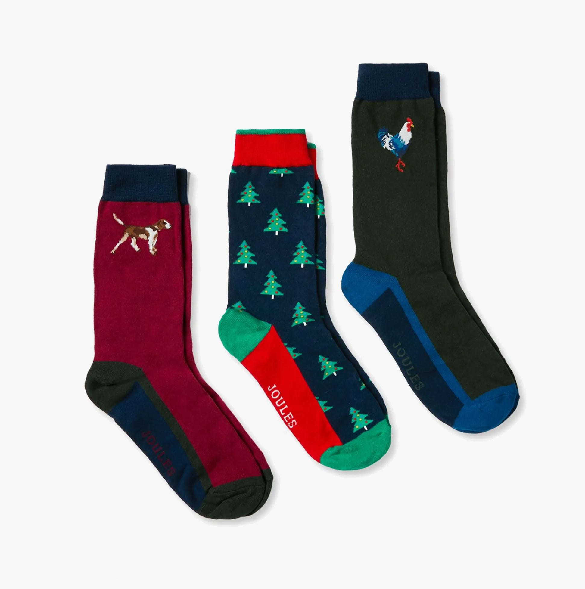 Joules CRACKER SOCKS Mens Cotton Socks Festive Characters, front view, showing three pairs with festive designs.