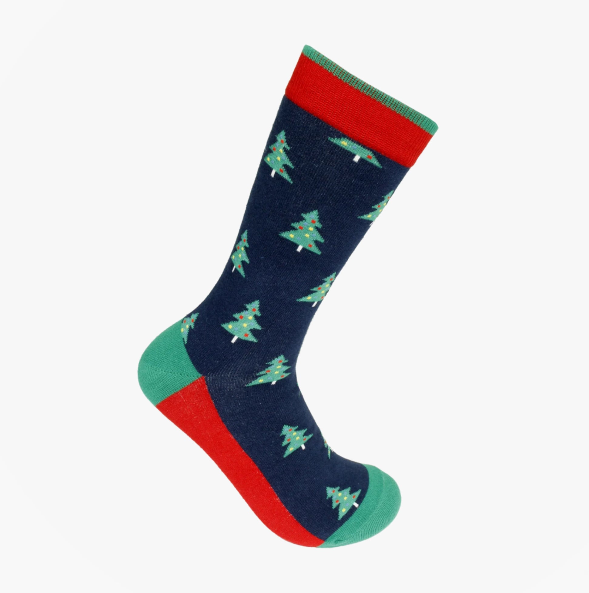 Joules CRACKER SOCKS Mens Cotton Socks Festive Characters side view featuring Christmas tree pattern on navy background.