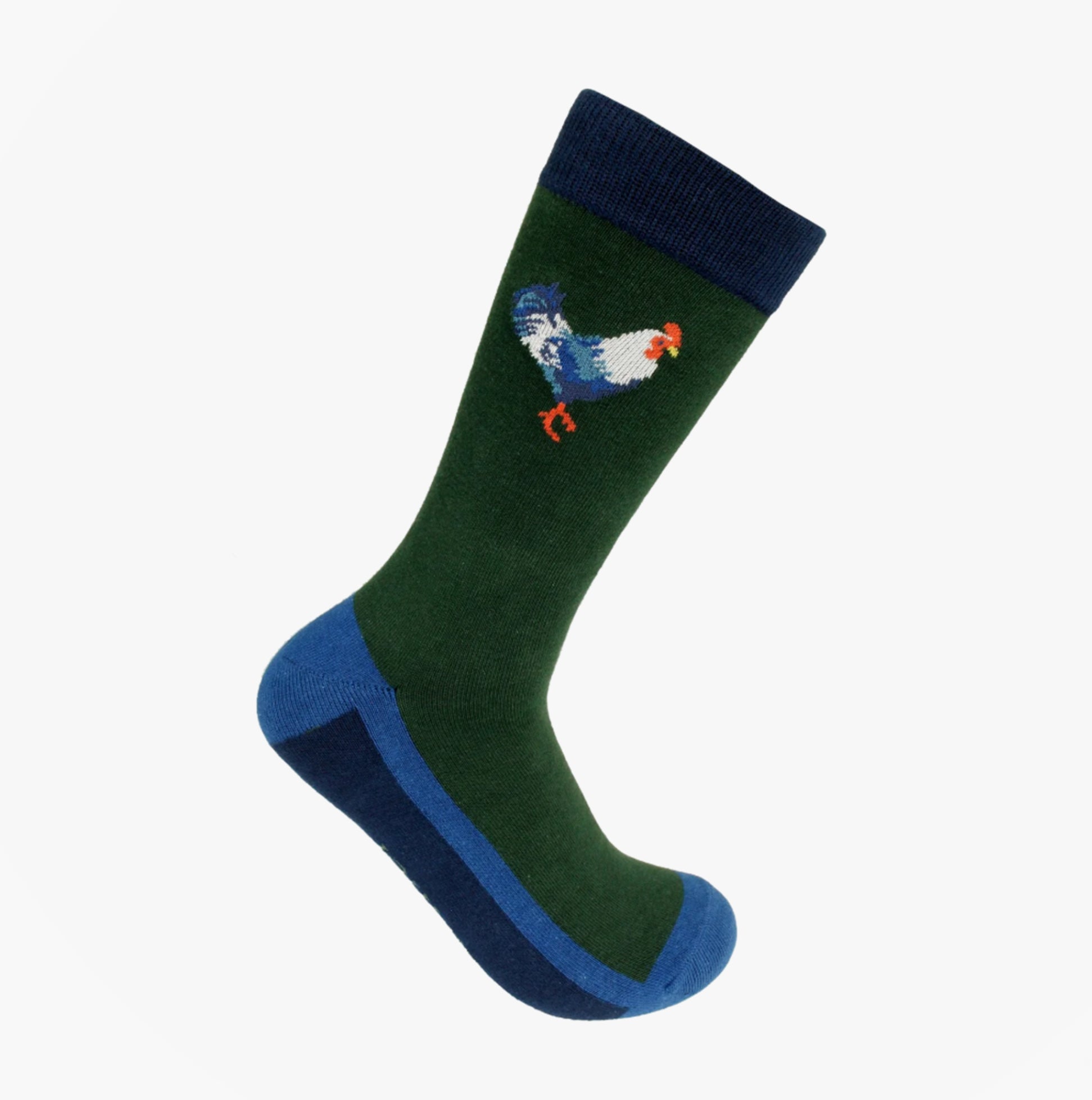 Joules CRACKER SOCKS Mens Cotton Socks Festive Characters side view showing green sock with rooster design and blue accents.
