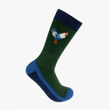 Joules CRACKER SOCKS Mens Cotton Socks Festive Characters side view showing green sock with rooster design and blue accents.