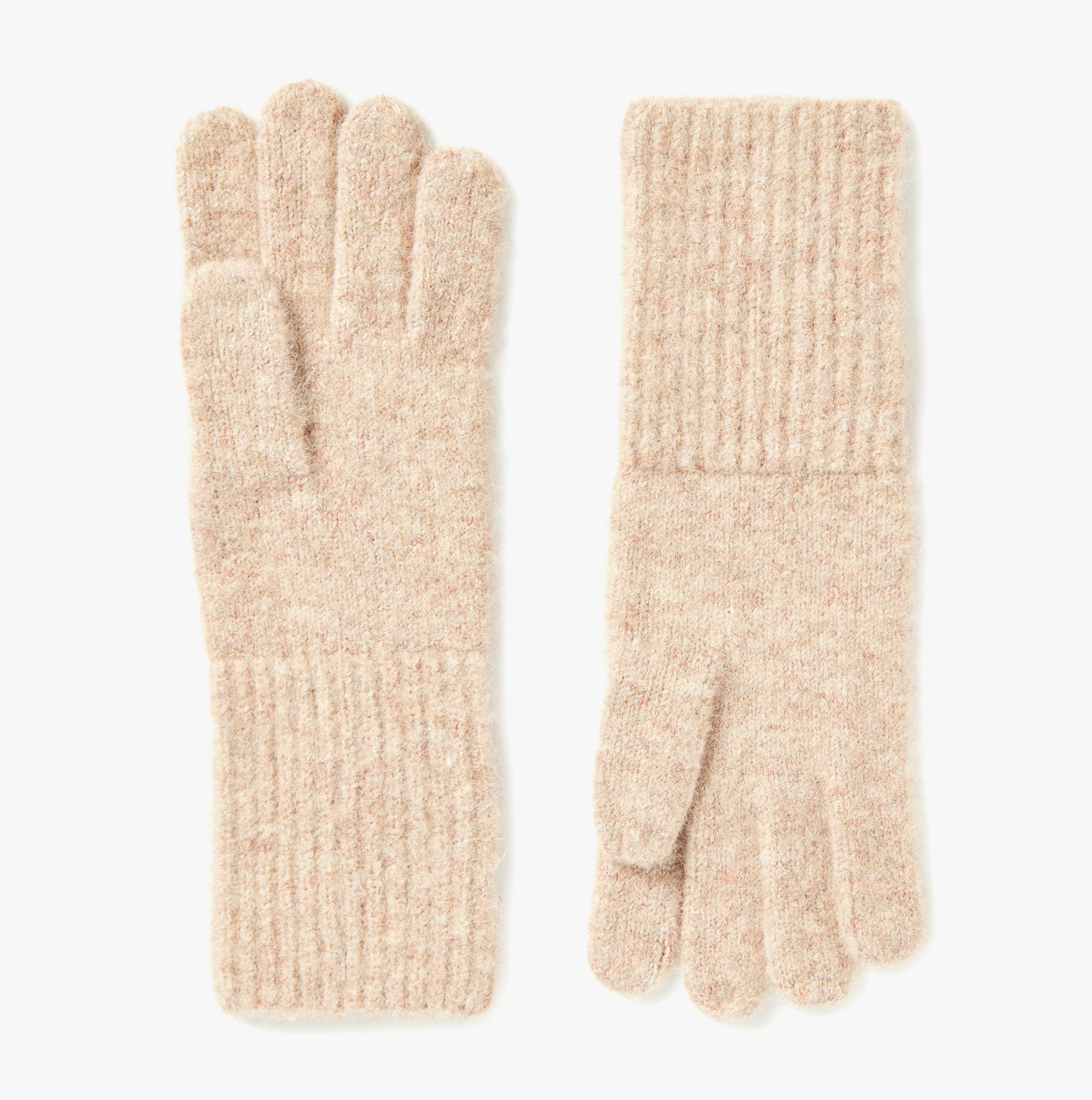 Joules EFFIE Womens Gloves Camel flat lay view showcasing soft fabric and ribbed design in camel color.