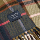 Joules LANGTREE Womens Scarf Green Pink Check close-up detail view showing the checked pattern and branded tab.