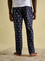 Joules DOZER Pyjama Bottoms Game Birds back view showcasing comfort fit and elasticated waist in navy with game bird print.