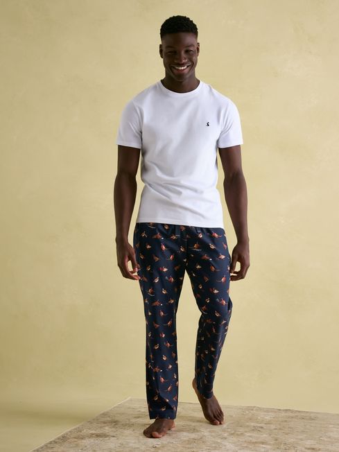 Joules DOZER Pyjama Bottoms Game Birds front view on model, featuring relaxed fit and side pockets.