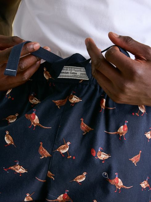 Joules DOZER Pyjama Bottoms Game Birds close-up detail view showing elasticated waist and fabric design.