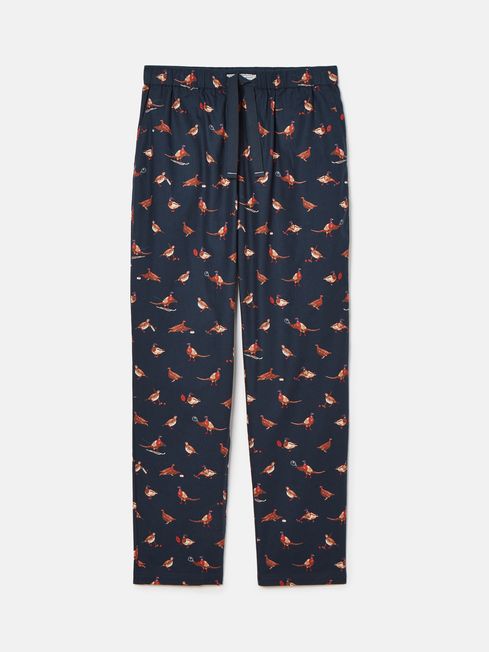 Joules DOZER Pyjama Bottoms Game Birds front view showcasing navy cotton fabric with game bird print.
