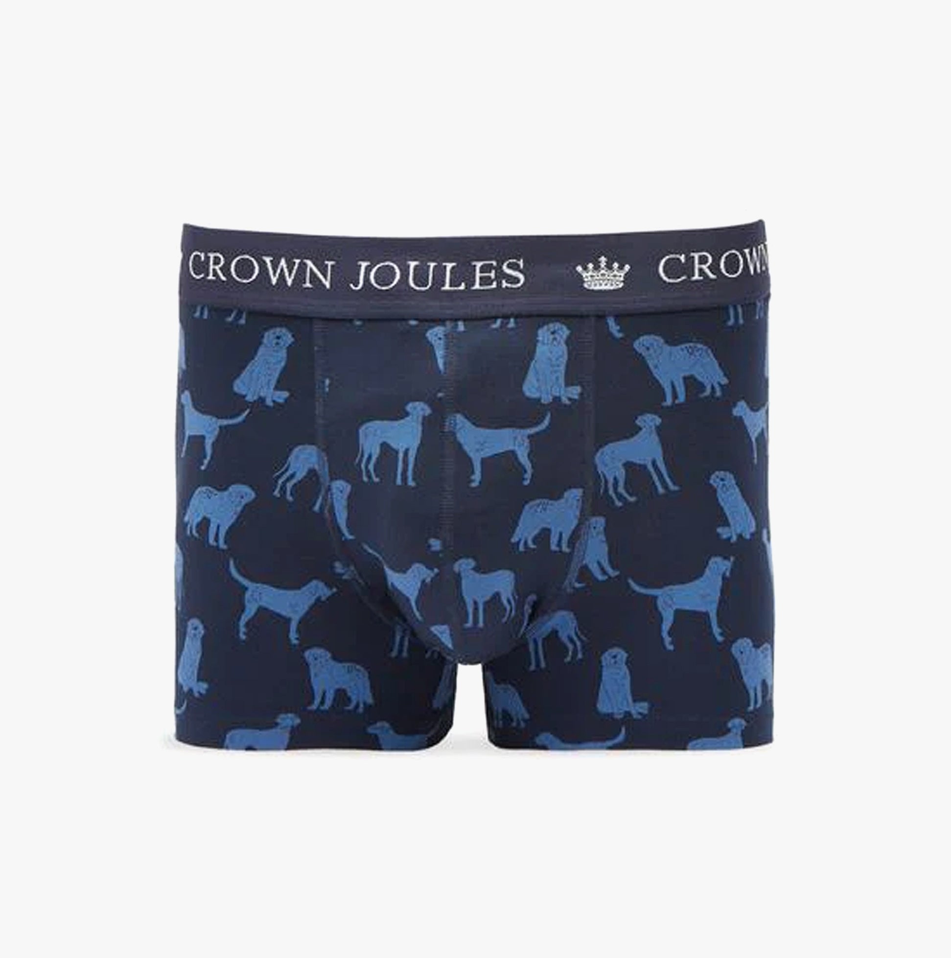 Joules CROWN JERSEY Mens Trunks Hare Of The Dog front view featuring a dog print design and elasticated waistband.