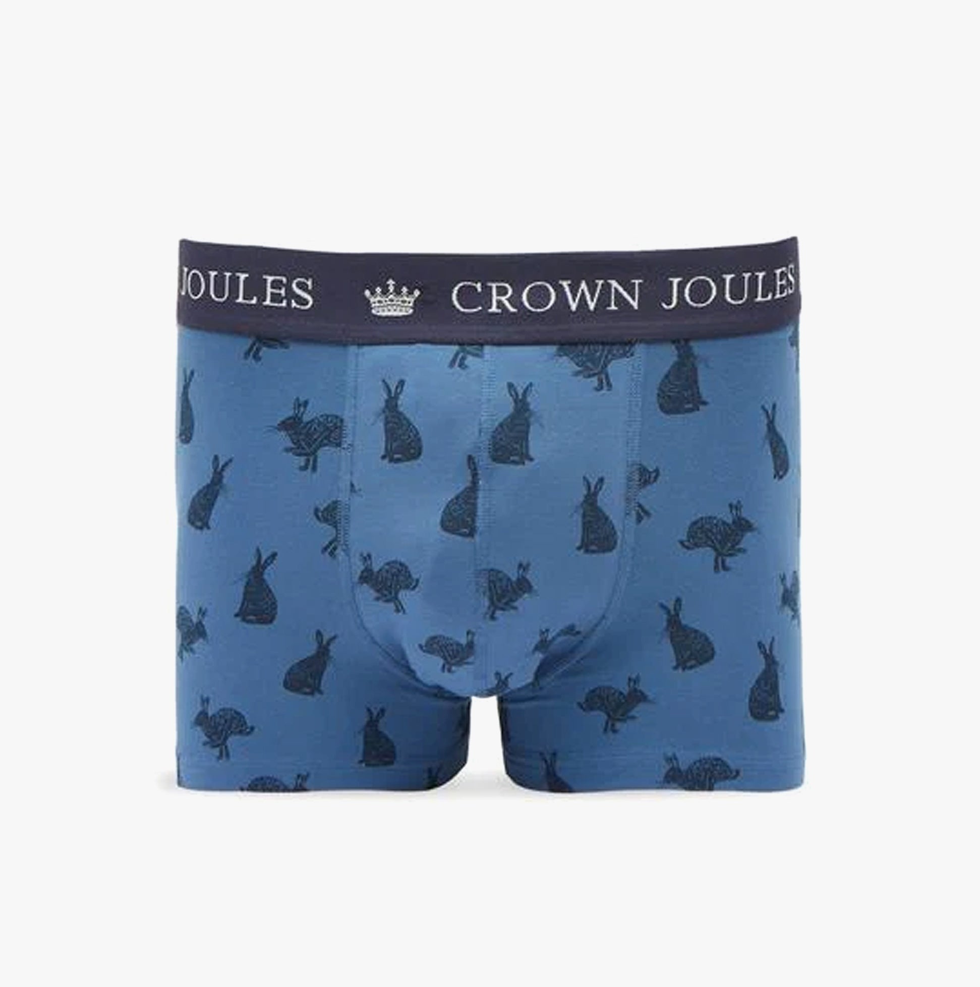 Joules CROWN JERSEY Mens Trunks Hare Of The Dog front view, blue with rabbit pattern, elasticated waistband, 2 pack.