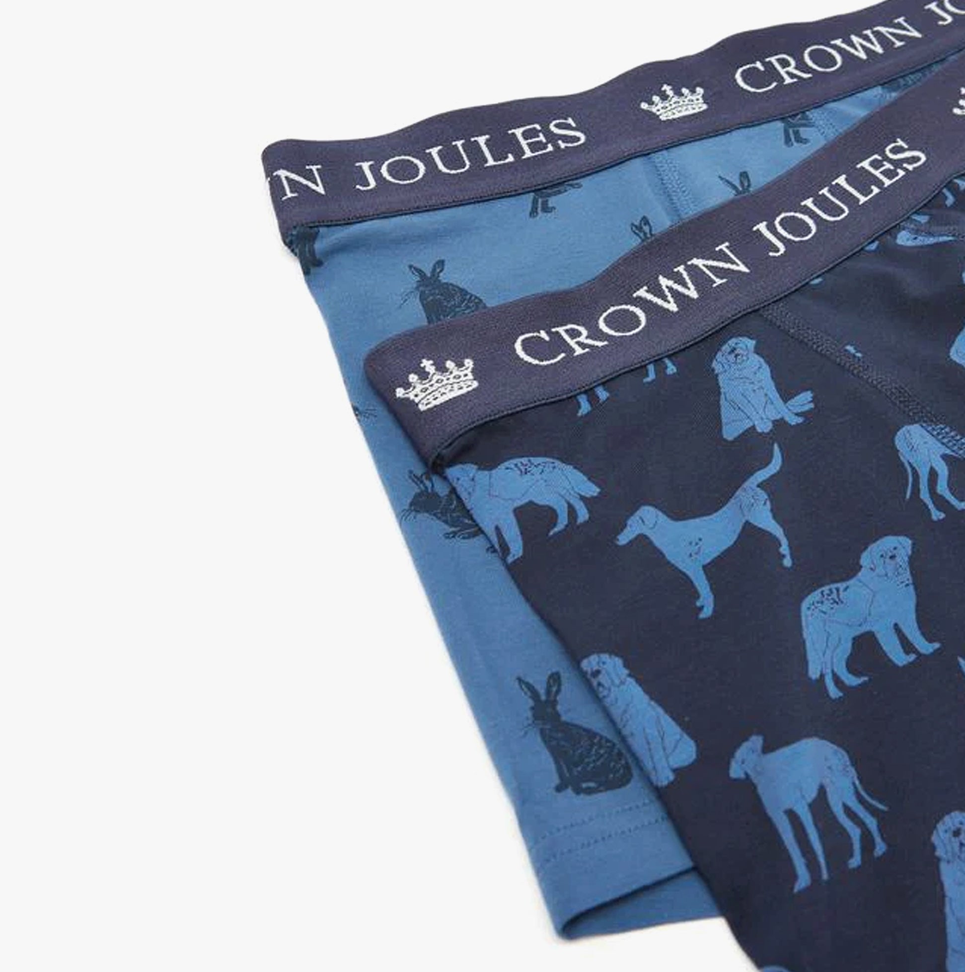 Joules CROWN JERSEY Mens Trunks Hare Of The Dog, top view of two boxer trunks with dog prints and elasticated waistband.