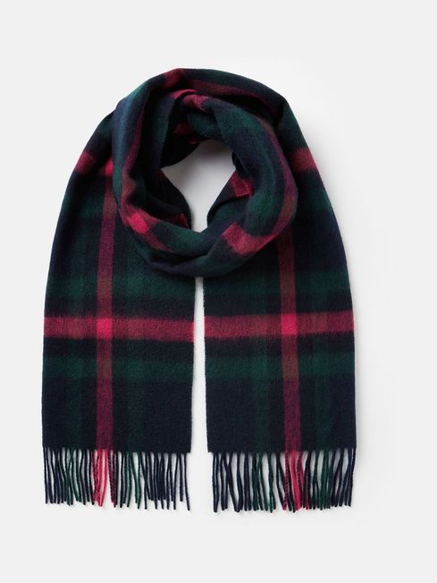 Joules LANGTREE Womens Scarf Navy Pink Check front view showing woven design and tasselled ends.