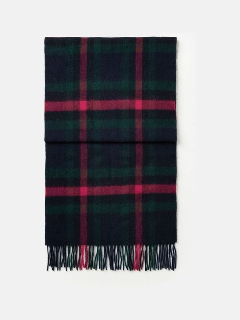 Joules LANGTREE Womens Scarf Navy Pink Check front view with tasselled ends and heritage check pattern.