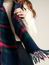 Joules LANGTREE Womens Scarf Navy Pink Check detail view held by model wearing a cream sweater.