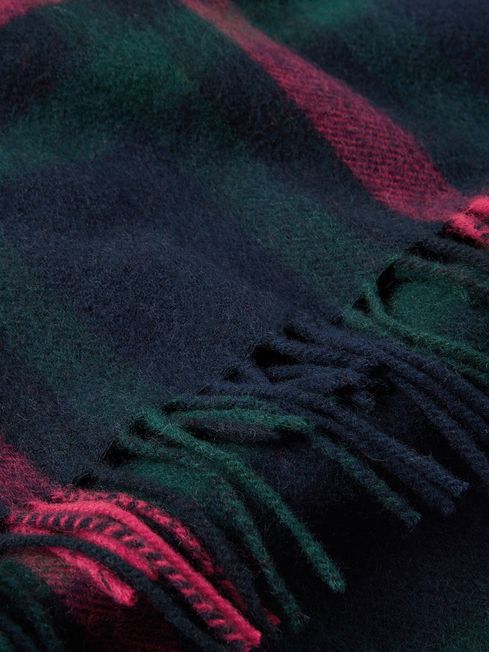 Joules LANGTREE Womens Scarf Navy Pink Check detail view showcasing the woven texture and tasselled ends.