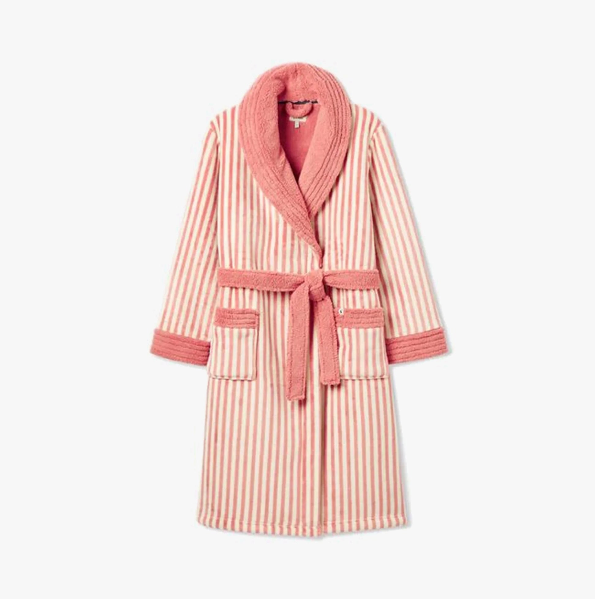 Joules MATILDA Womens Night Gown Pink Stripe front view with lapel collar and two patch pockets.