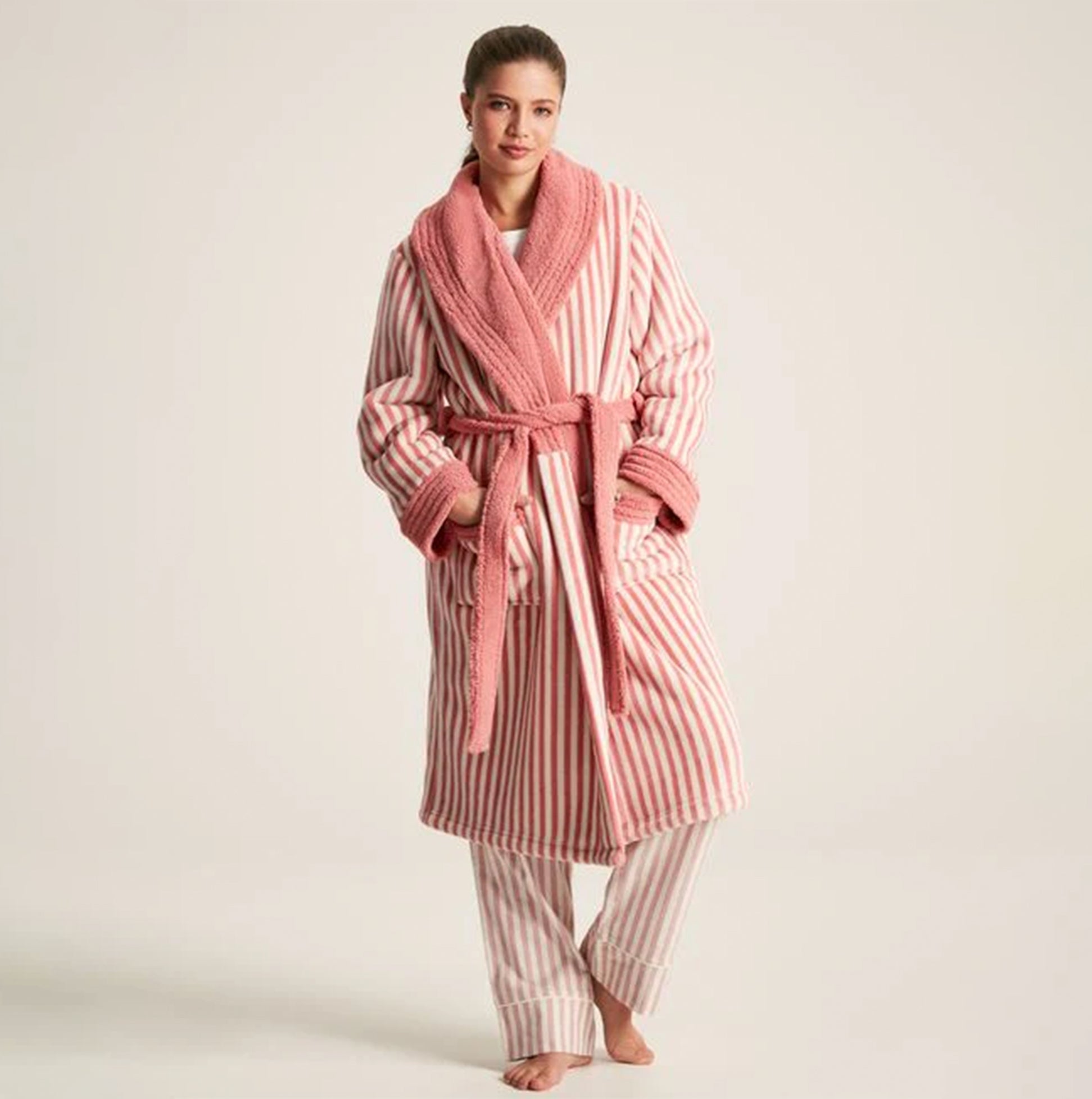Joules MATILDA Womens Night Gown Pink Stripe front view showcasing fleece material and lapel collar features.