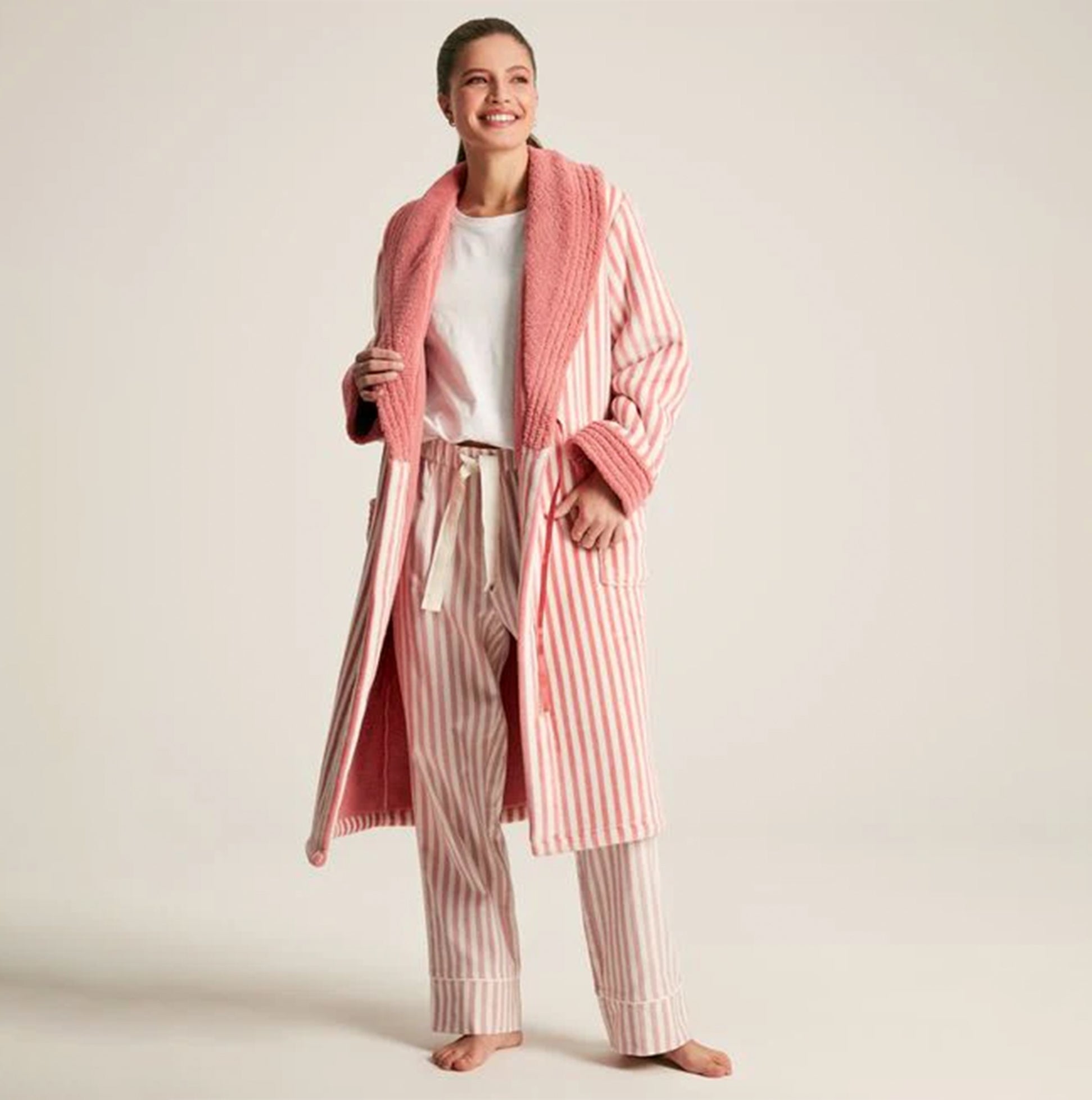 Joules MATILDA Womens Night Gown Pink Stripe front view, showcasing a long gown with pink stripes and warm fleece lining.