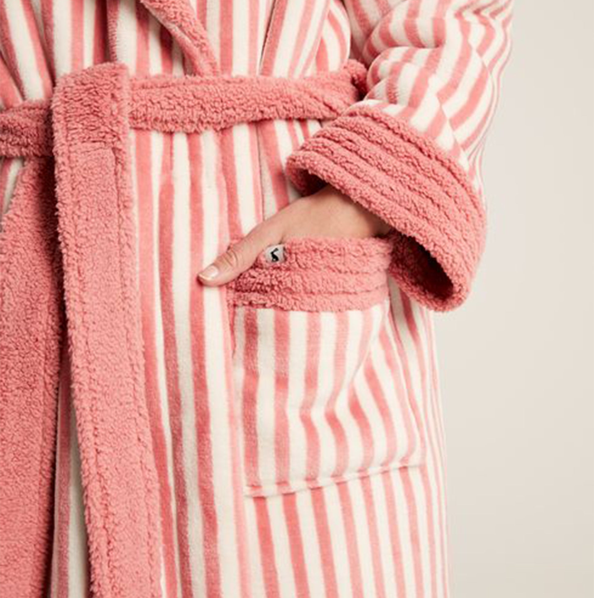 Joules MATILDA Womens Night Gown Pink Stripe detail view highlighting pockets and soft fleece material.