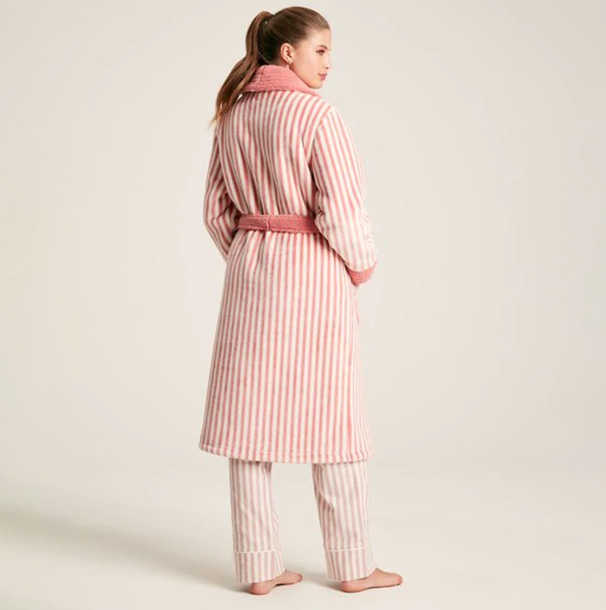 Joules MATILDA Womens Night Gown Pink Stripe back view showcasing long sleeves and lapel collar design.