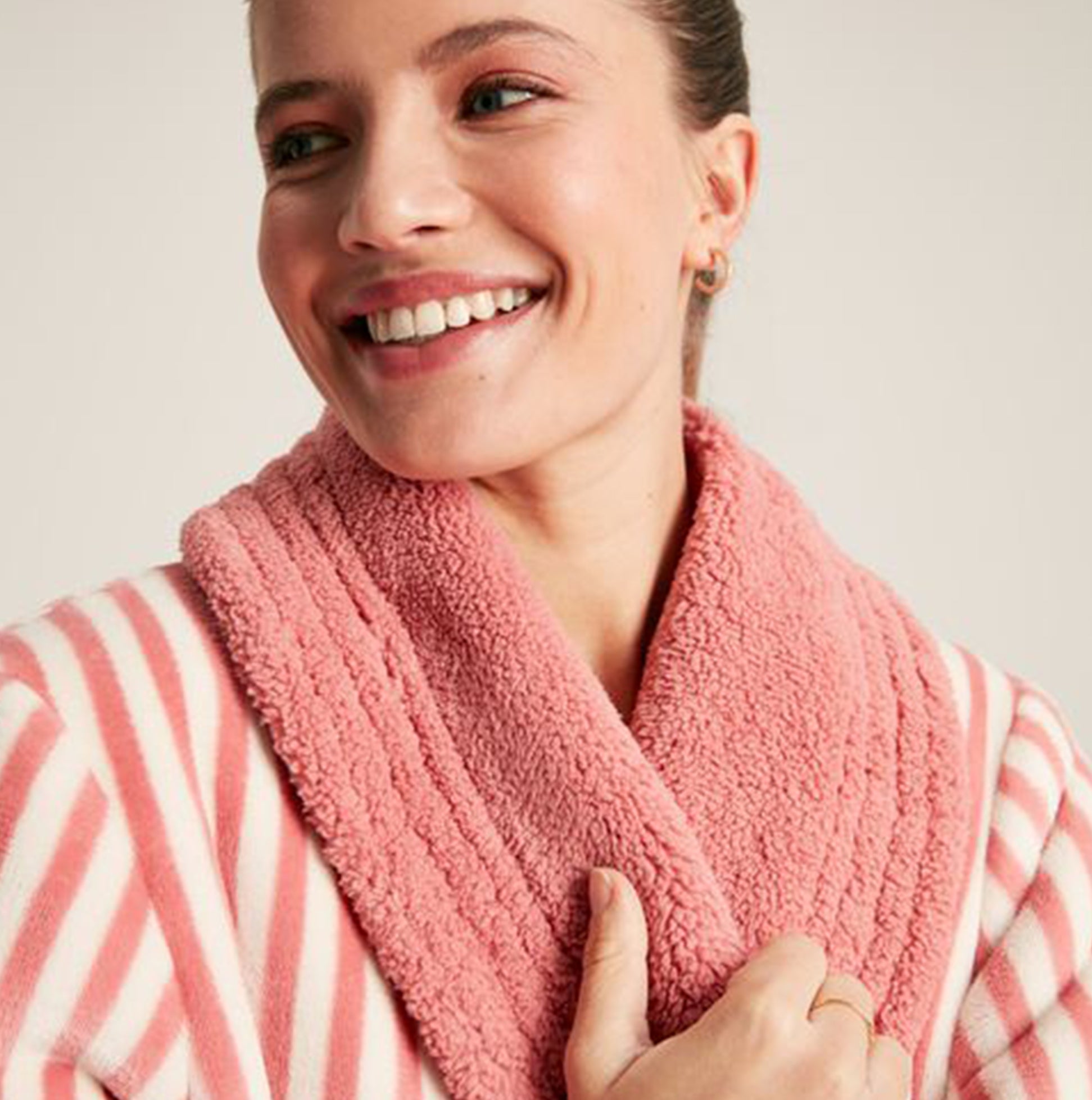 Joules MATILDA Womens Night Gown Pink Stripe detail view featuring cozy fleece lapel collar.