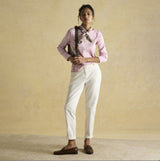 Joules HARBOUR Boat Neck 100% Cotton Breton Top Pink Stripe front view styled with white pants and scarf.