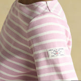 Joules HARBOUR Boat Neck 100% Cotton Breton Top Pink Stripe side view showing fabric details and brand label.