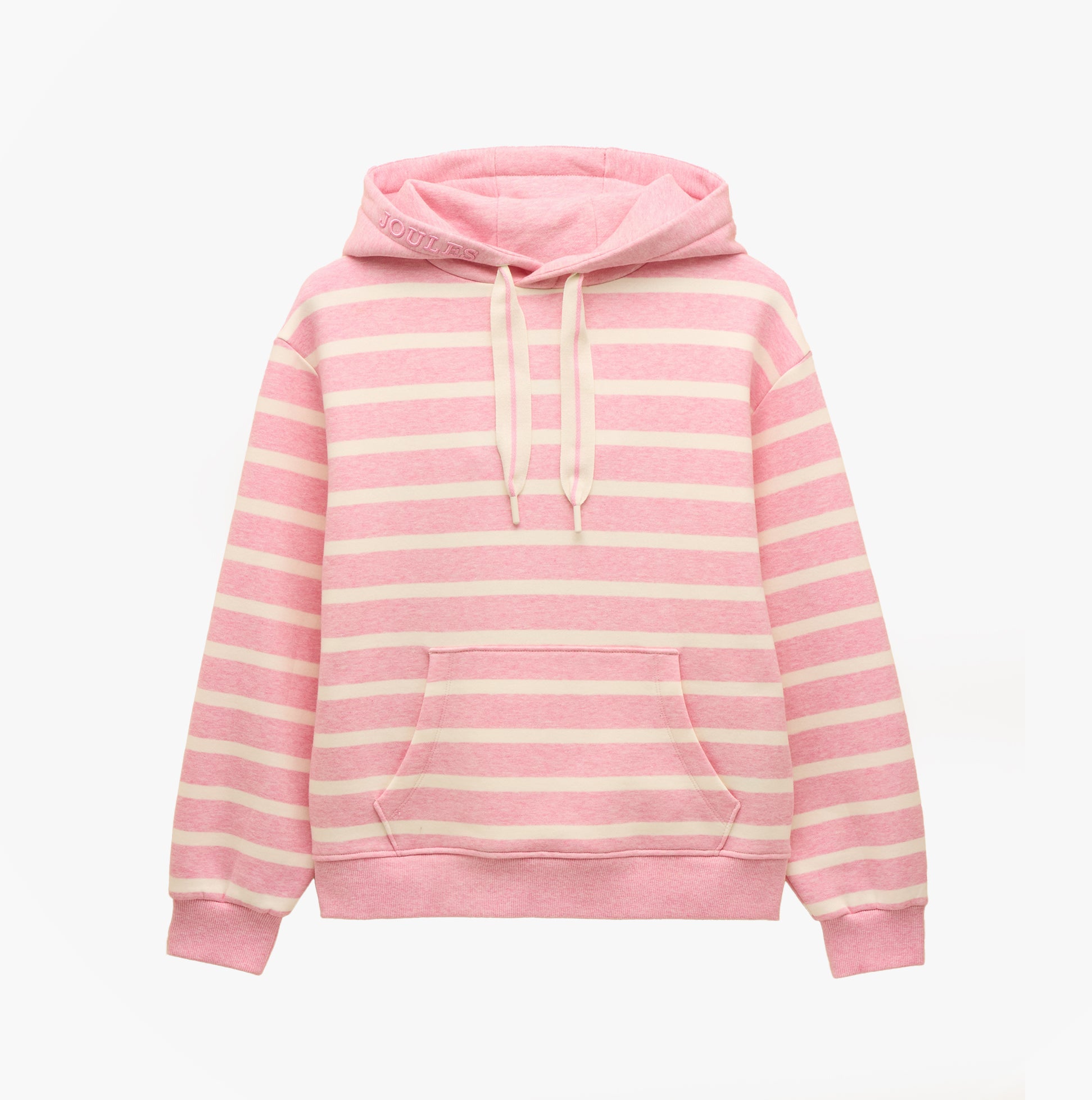 Joules MILBOURNE Womens Hoodie Pink/White Stripe front view showcasing relaxed fit and soft fabric.