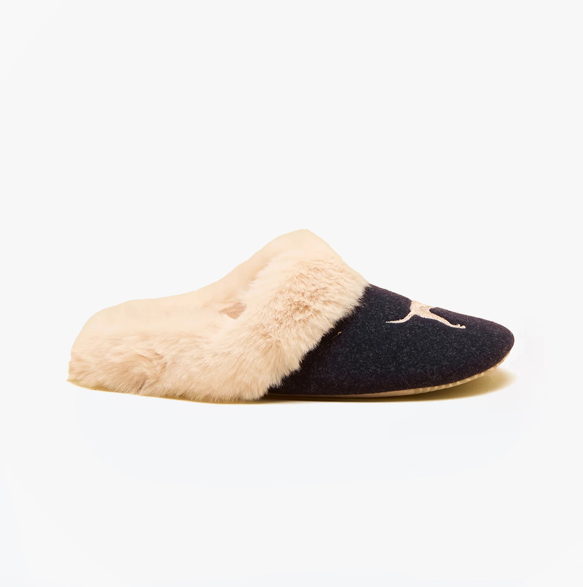 Joules SLIPPET Womens Mule Slippers Navy side view with faux fur lining and textile upper