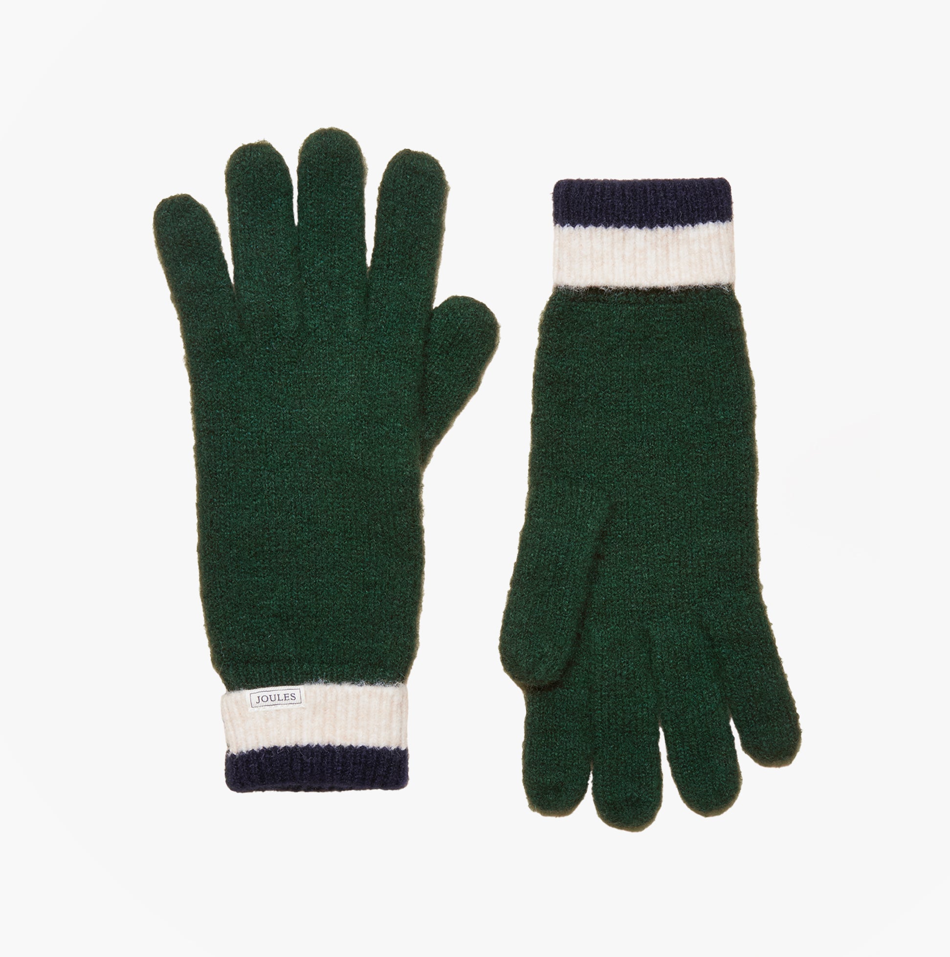Joules POPLEY STRIPE Womens Gloves Green/Navy front view, featuring recycled polyester, acrylic, wool, and elastane.