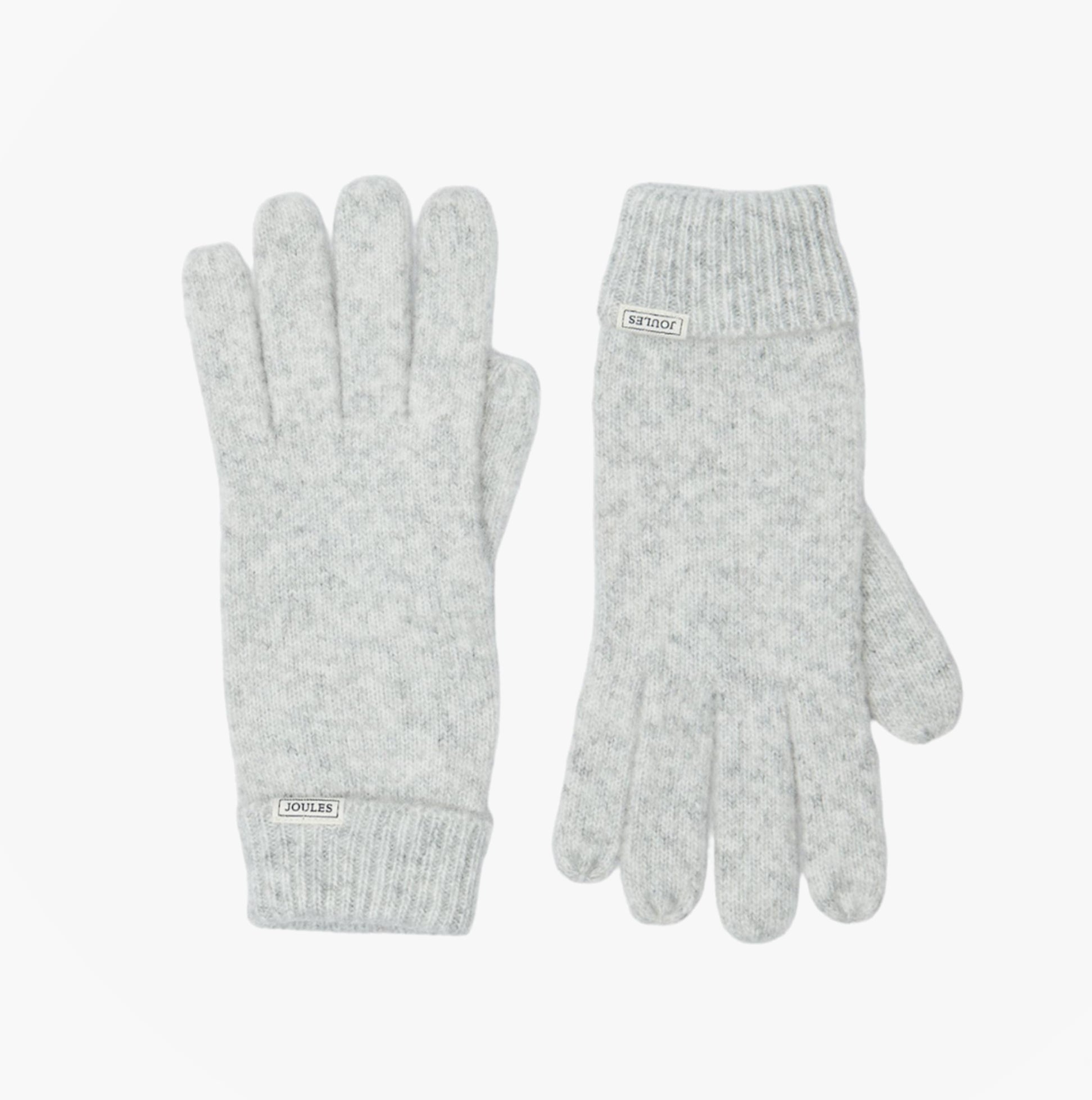Joules ROSA Womens Gloves Grey front view showing soft texture and ribbed cuffs, crafted from recycled materials.