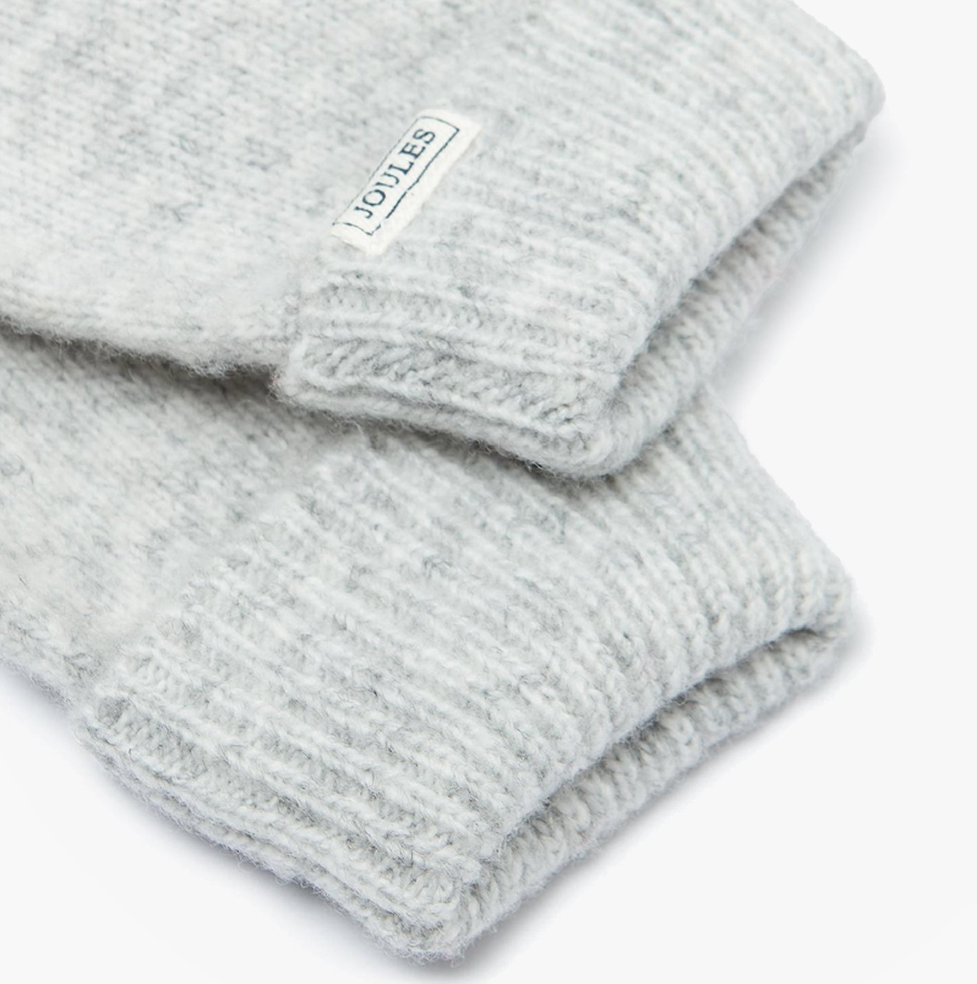 Joules ROSA Womens Gloves Grey detail view of soft knitted cuffs and brand tag.