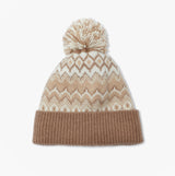 Joules KARA BOBBLE Womens Bobble Neutral front view showing beige patterned beanie with pom-pom.