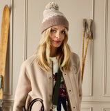 Joules KARA BOBBLE Womens Bobble Neutral front view of model wearing beanie hat with winter outfit.