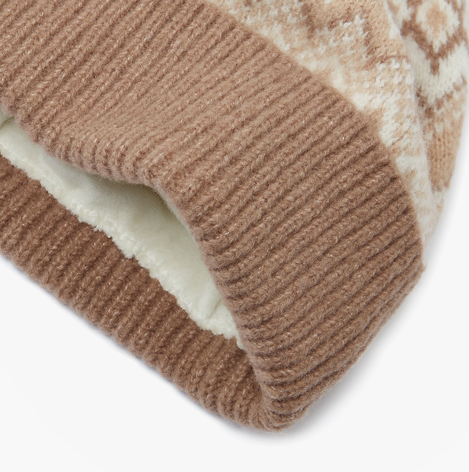 Joules KARA BOBBLE Womens Bobble Neutral close-up view of the luxurious interior fleece lining and textured knit design.
